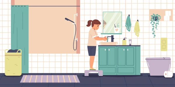 Tägliche Hygiene Routine Flaches Konzept Mit Mädchen Hände Waschen Badezimmer — Stockvektor