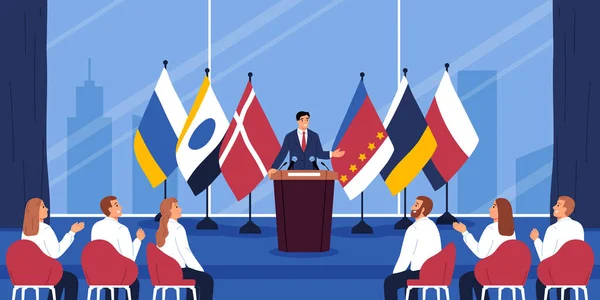 Conference Stage Flat Concept Political Leader Speaking Front Audience Vector — Stock Vector