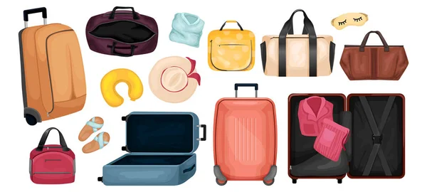 車輪の上の旅行バッグや観光スーツケースの旅行手荷物漫画セット孤立ベクトルイラスト — ストックベクタ