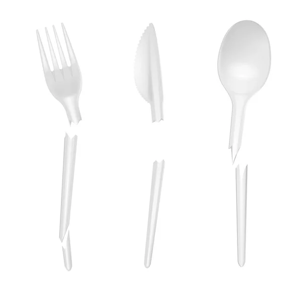 Disposable Tableware Realistic Set Broken White Plastic Knife Fork Spoon — Stock Vector