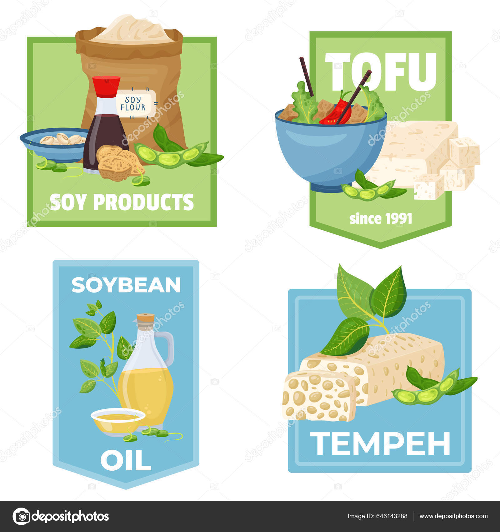 Soy Products Flat Set Isolated Labels Compositions Ornate Text Plants