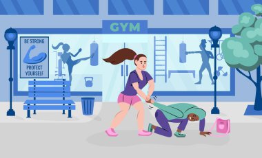 Açık hava spor salonu girişli nefsi müdafaa bezi ve sokak soyguncusu vektör illüstrasyonunun kollarını büken kız.