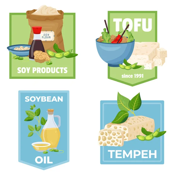 Soy Products Flat Set Isolated Labels Compositions Ornate Text Plants — Stock Vector