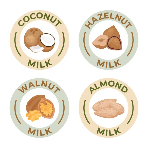 Wegańskie Mleko Zestaw Okrągłych Izolowanych Etykiet Płaskimi Ikonami Orzechów Kokosowych — Wektor stockowy