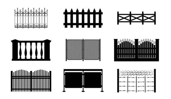Комплект с изолированными монохромными иконками плоских сегментов забора с декоративными столбами на пустом фоне векторной иллюстрации
