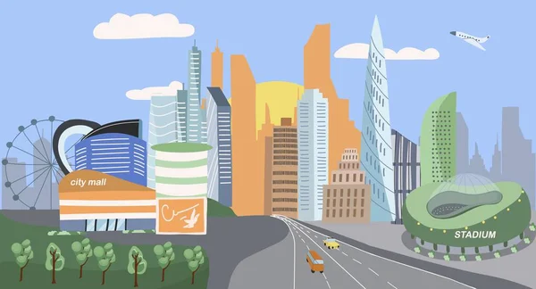 Megapolis Stadt Hintergrund Mit Städtebaulichen Symbolen Flache Vektorillustration — Stockvektor