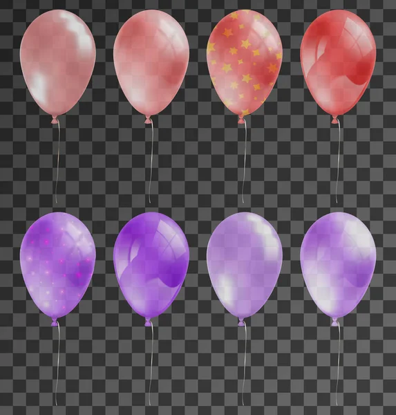 透明背景ベクトルイラストで赤と紫の気球のお祝いパーティー現実的なセット — ストックベクタ