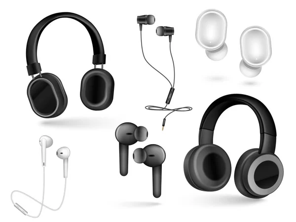 Realistyczny Zestaw Różnych Przewodowych Bezprzewodowych Urządzeń Audio Słuchania Muzyki Smartfony — Wektor stockowy