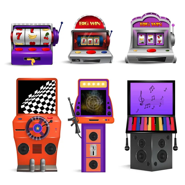 Realistic Collection Retro Drum Game Machines Modern Digital Gambling Machines — Stock Vector