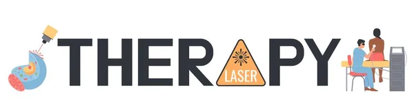 フラットテキストとレーザー放射線注意サインのレーザー治療組成と空白の背景ベクトル図上の人々 — ストックベクタ