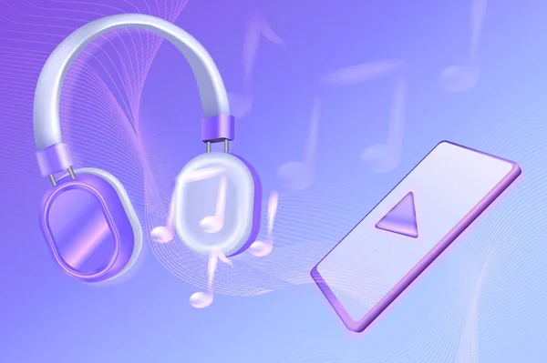 Навушники Фіолетовий Фон Кнопкою Відтворення Екрані Смартфона Музичними Позначками Реалістичні — стоковий вектор