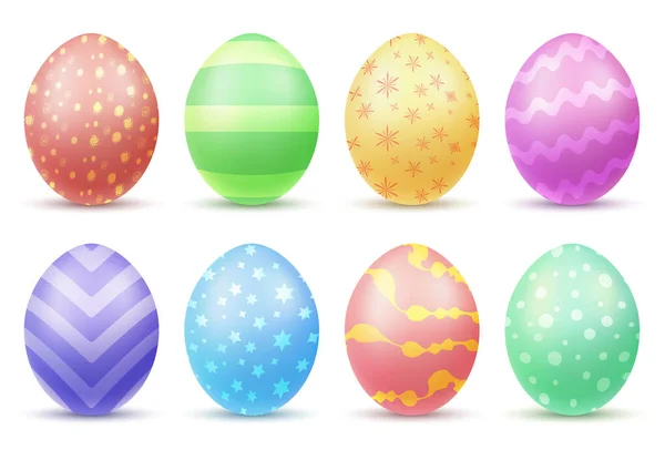 Ovos Páscoa Multicoloridos Pintados Diferentes Cores Padrões Realista Conjunto Isolado — Vetor de Stock