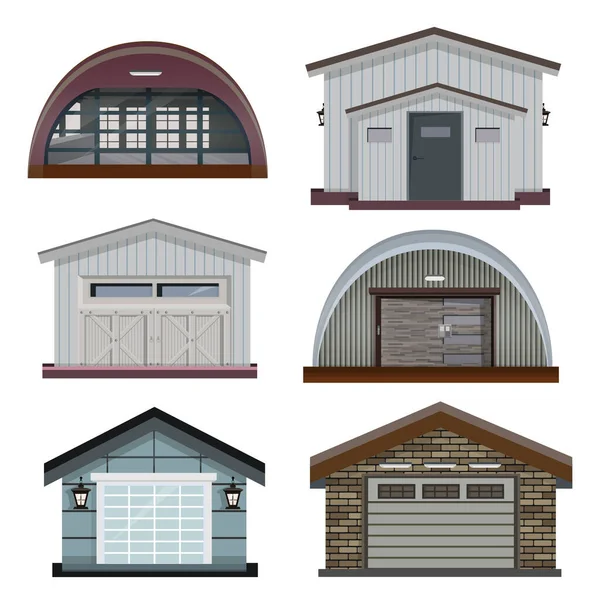 Edifícios Garagem Separados Com Diferentes Tipos Portas Portões Realista Conjunto —  Vetores de Stock