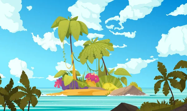 Ecosistema Cartoni Animati Poster Con Isola Tropicale Con Palme Illustrazione — Vettoriale Stock
