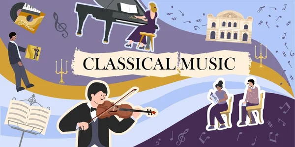 Κλασική Μουσική Σύνθεση Κολάζ Από Επίπεδες Εικόνες Στυλ Doodle Grand — Διανυσματικό Αρχείο