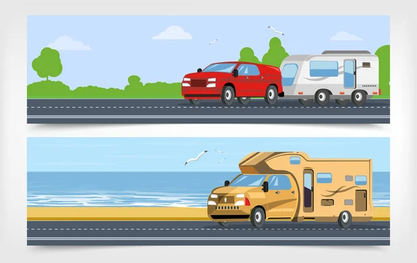 Véhicules Récréatifs Deux Bannières Horizontales Représentant Camping Car Voiture Avec — Image vectorielle