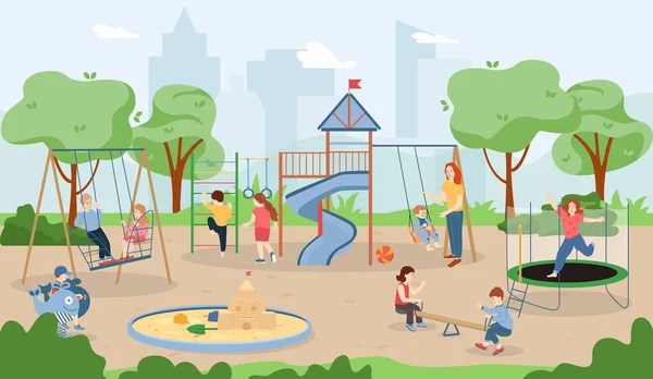 Pemandangan Taman Bermain Kota Dengan Anak Anak Berayun Ayunan Sambil - Stok Vektor