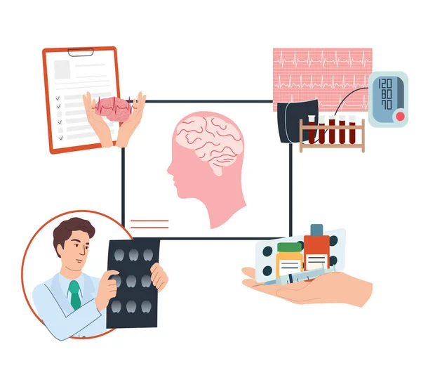 Brain Stroke Prevention Blood Pressure Control Medical Examination Flat Composition — Stock Vector