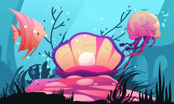 Affiche Dessin Animé Monde Sous Marin Avec Perle Géante Créatures — Image vectorielle