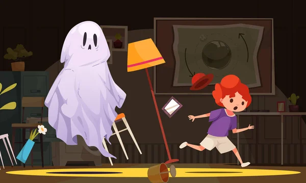 Conceito Desenho Animado Fantasma Com Criança Correndo Ilustração Assustadora Vetor —  Vetores de Stock