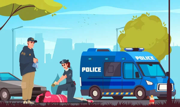 Police Cartoon Concept Male Female Officers Arresting Criminal Vector Illustration — Stock Vector