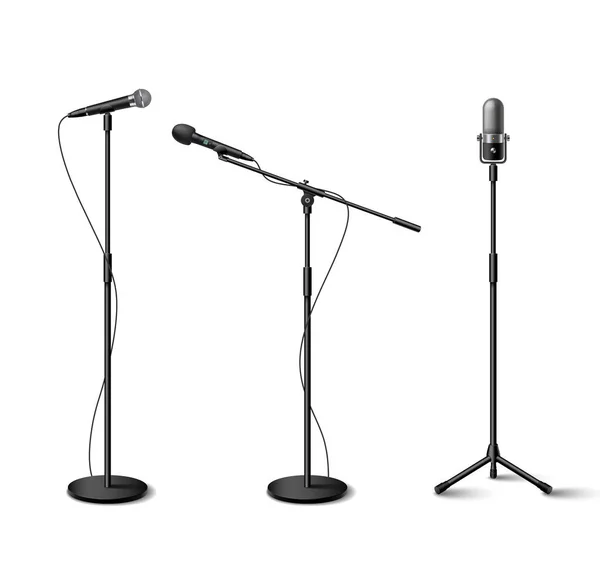 Mikrofon Ikon Realistis Diatur Dengan Peralatan Audio Berdiri Terisolasi Vektor - Stok Vektor
