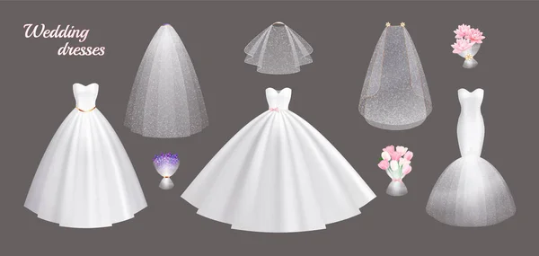 グレーの背景ベクトルイラストに隔離された花嫁のための白いウェディングドレスやアクセサリーの現実的なセット — ストックベクタ
