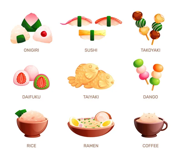 Plano Bonito Asiático Conjunto Alimentos Com Arroz Ramen Sushi Daifuku — Vetor de Stock