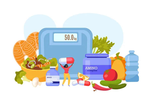 Sport Táplálkozás Lapos Összetételű Súlymérő Gép Élelmiszer Ipari Termékek Vitaminkapszulák — Stock Vector