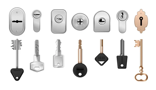 Realistische Schlüssel Schlüssellöcher Türschlösser Icon Set Schlösser Mit Schlüsseln Für — Stockvektor