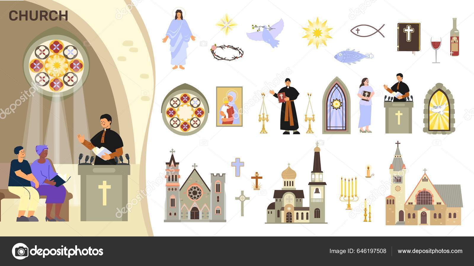 Iglesia Interior Plana Conjunto Con Composición Oración Iglesia Católica  Iconos Vector de stock #646197508 de ©macrovector, image size:1600x900