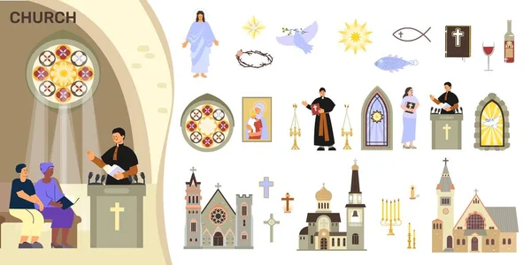 Iglesia Interior Plana Conjunto Con Composición Oración Iglesia Católica Iconos — Archivo Imágenes Vectoriales