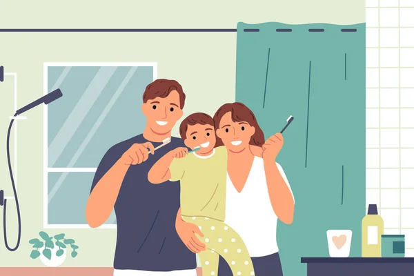 Rotina Higiene Diária Com Família Feliz Escovando Dentes Juntos Ilustração —  Vetores de Stock