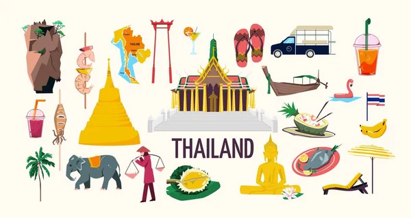 Lapos Thaiföld Meg Turisztikai Látványosságok Nemzeti Élelmiszer Zászló Szállítás Gyümölcsitalok — Stock Vector