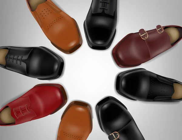 ショップやマーケティングの広告ベクトルイラストのための快適な革の男性の靴と現実的な背景 — ストックベクタ