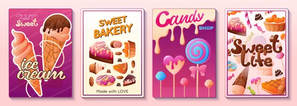 キャンディショップ甘いベーカリーアイスクリーム漫画のポスターセット色の背景ベクトルイラスト — ストックベクタ