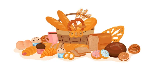 ベーカリー製品木製のバスケットお菓子やコーヒーカップベクトルイラストと焼き料理の山とフラット組成物 — ストックベクタ