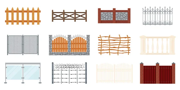 背景ベクトル図上の様々な材料で作られたフェンシング部品の独立したアイコンとフェンスフラットセット — ストックベクタ
