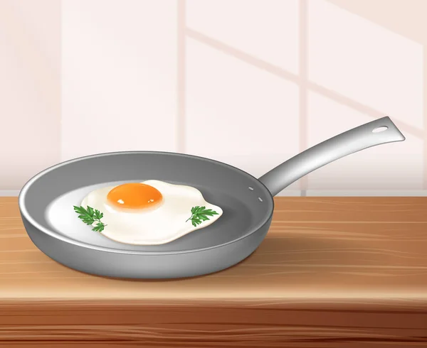 Breakfast Morning Background Fresh Fried Egg Kitchen Pan Realistic Vector — Stock Vector