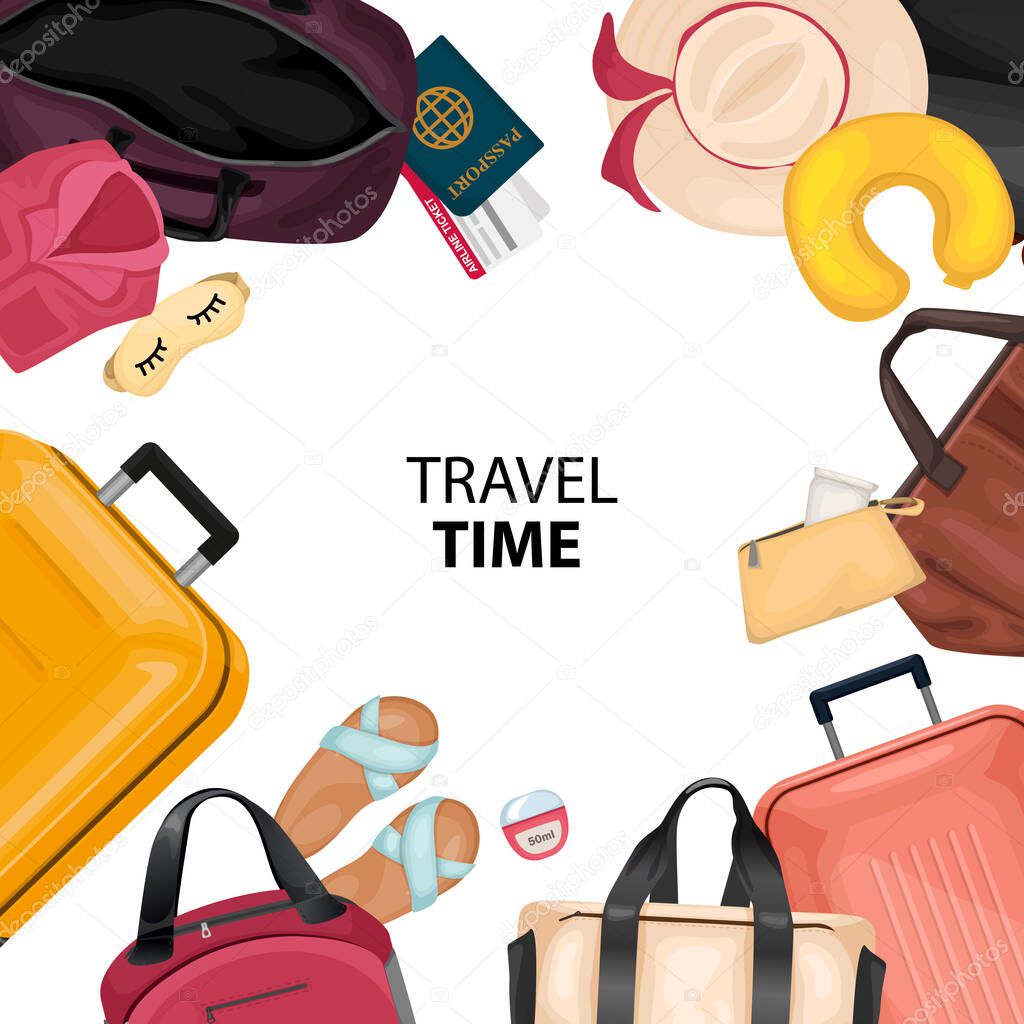 Travel time cartoon frame consisting of bags suitcases passport beach accessories vector illustration
