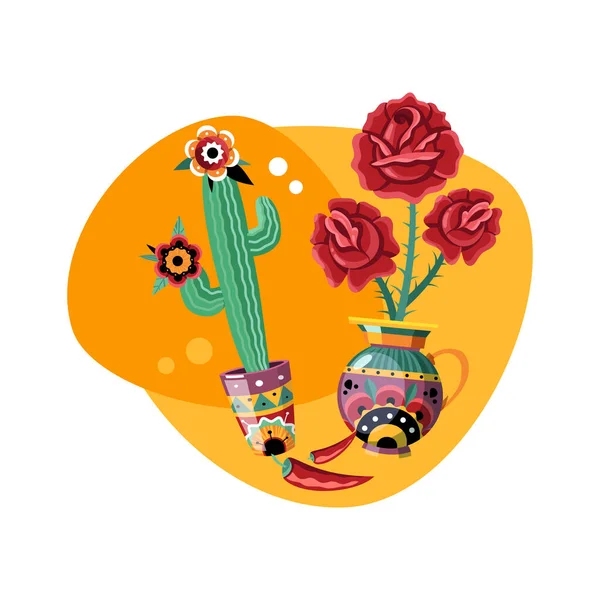 Perayaan Hari Kematian Komposisi Penuh Warna Dengan Bunga Kaktus Dan - Stok Vektor