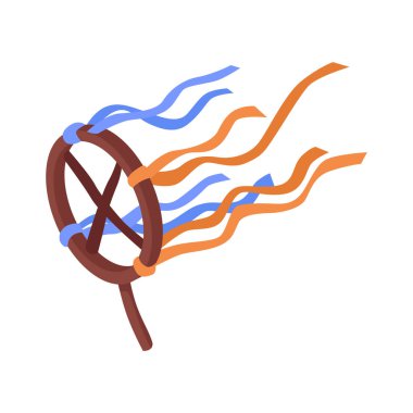 Tatil çubuğunda renkli kurdeleli Isometric ahşap tekerlek simge vektör illüstrasyonu