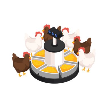 Kamera 3D vektör çizimi ile donatılmış beslenme istasyonundan tavuk yiyen izometrik akıllı ikon