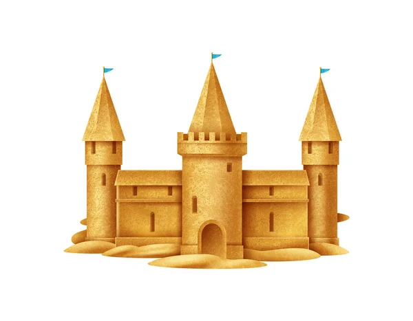 Castelo Areia Realista Com Bandeiras Azuis Torres Vista Frontal Ilustração —  Vetores de Stock