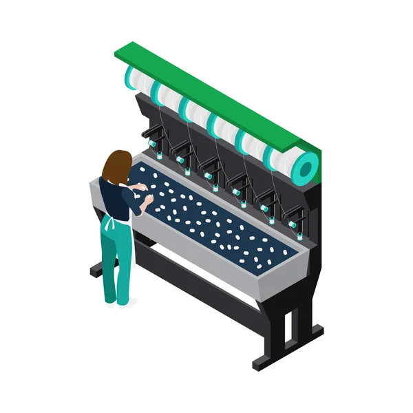 Isometrische Textilindustrie Fabrik Maschinensymbol Mit Weiblichen Arbeiter Vektor Illustration — Stockvektor
