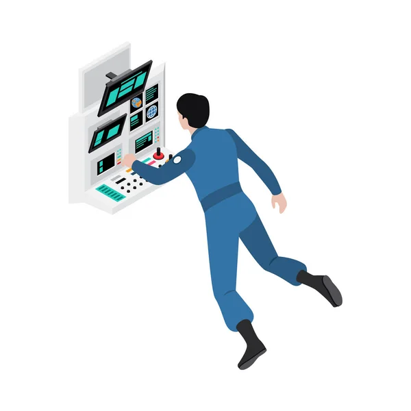 Isometrische Astronaut Kijkt Naar Monitoren Onder Nul Zwaartekracht Vector Illustratie — Stockvector