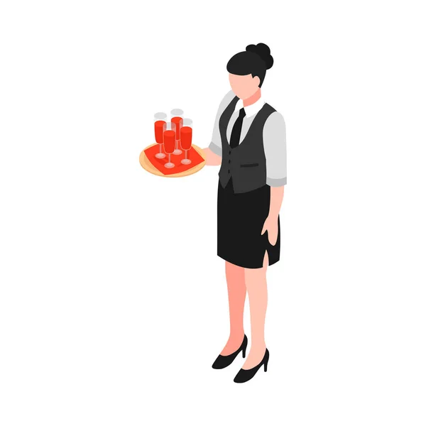 Isometric Waitress Holding Tray Wine Glasses Vector Illustration — Stock Vector