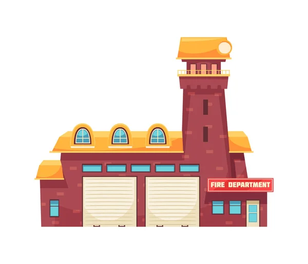 Flat Fire Station Department Building Exterior Watchtower Front View Vector — Stock Vector