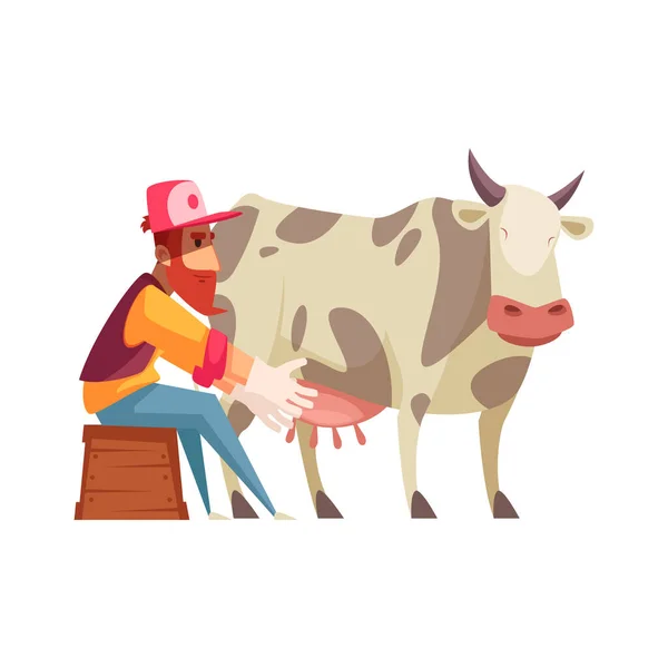Bearded Man Milking Cow Flat Vector Illustration — Stock Vector