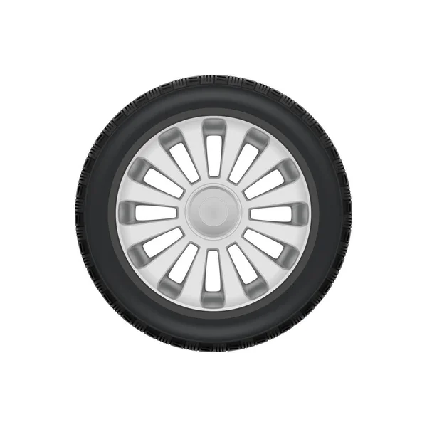 Realistic Tyred Silver Alloy Car Wheel White Background Vector Illustration — Stock Vector
